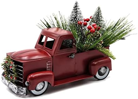 הוי [מרווח] משאית מתכת אדומה עיצוב חג המולד עם קישוט עץ חג המולד נוהר שלג, טנדר בית חווה וינטג '.